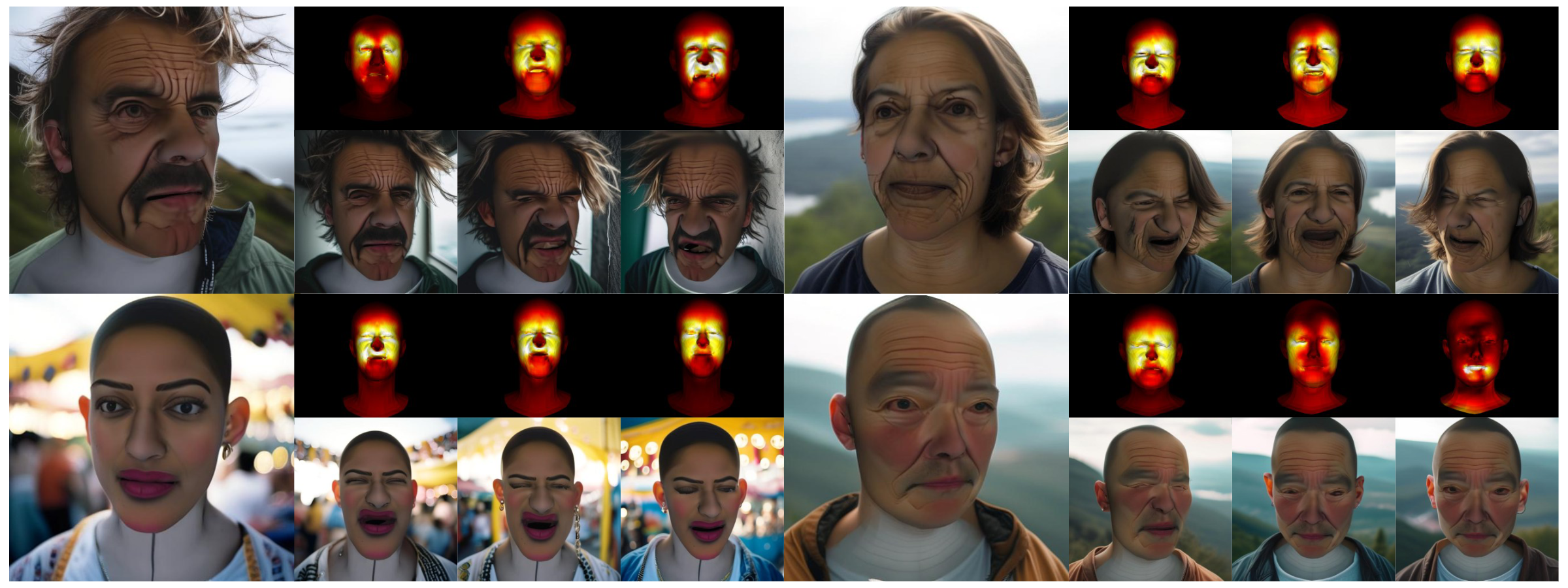 Pain in 3D: Sample synthetic pain faces showing controllable AU-driven expressions across diverse identities.